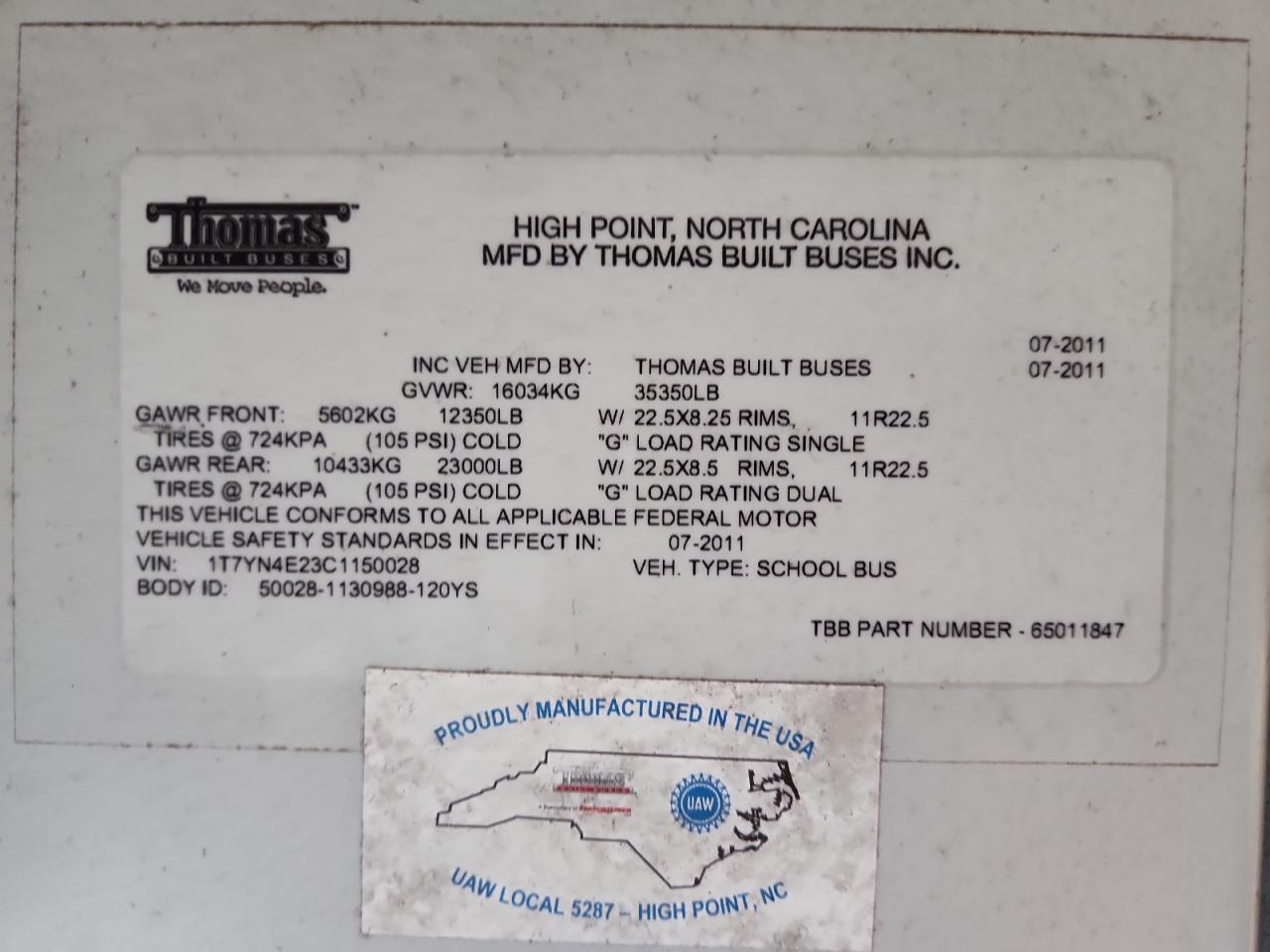 Lot #3280890513 2012 THOMAS SAF-T-LINER HDX