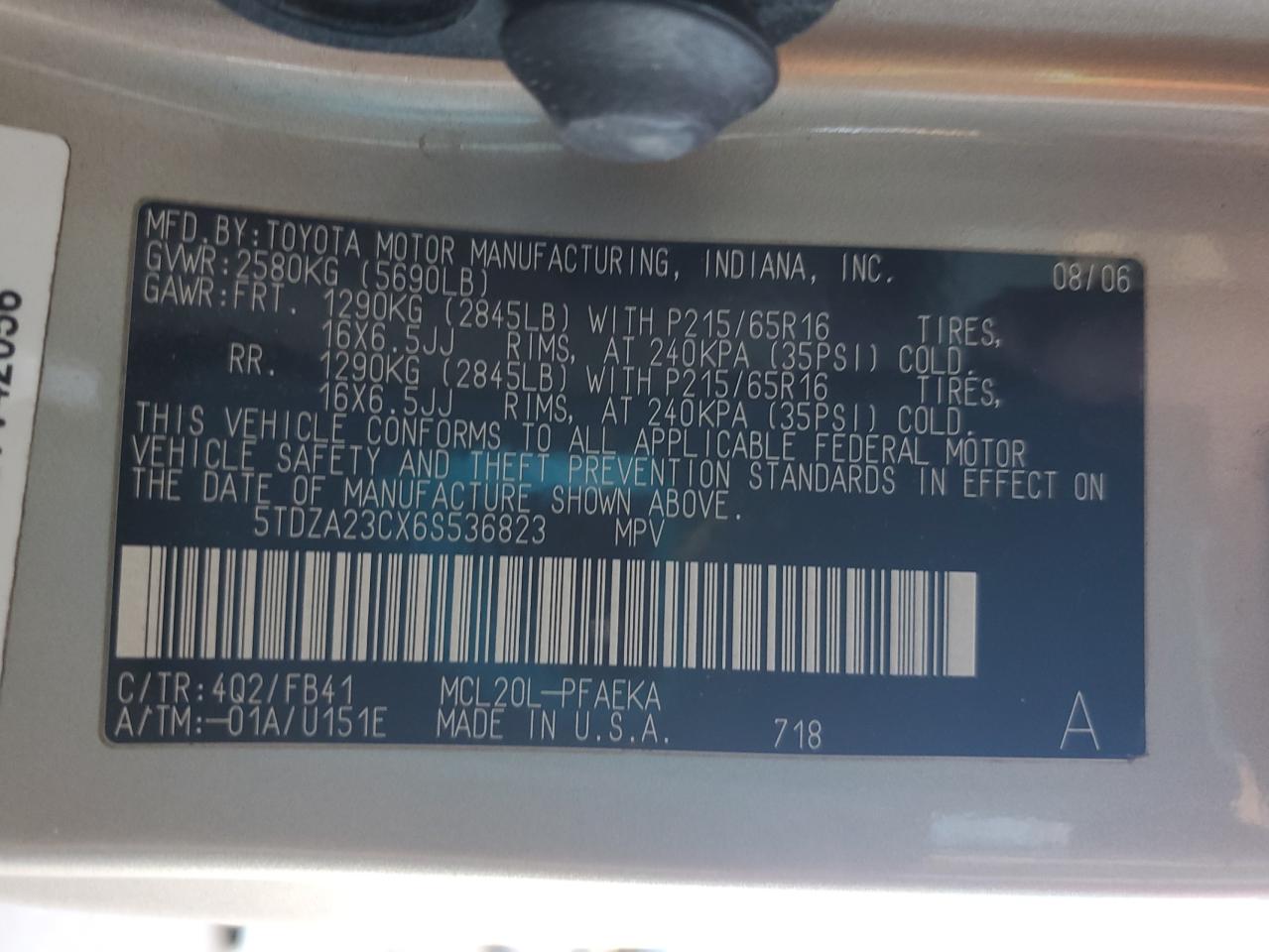 Lot #3308673275 2006 TOYOTA SIENNA CE