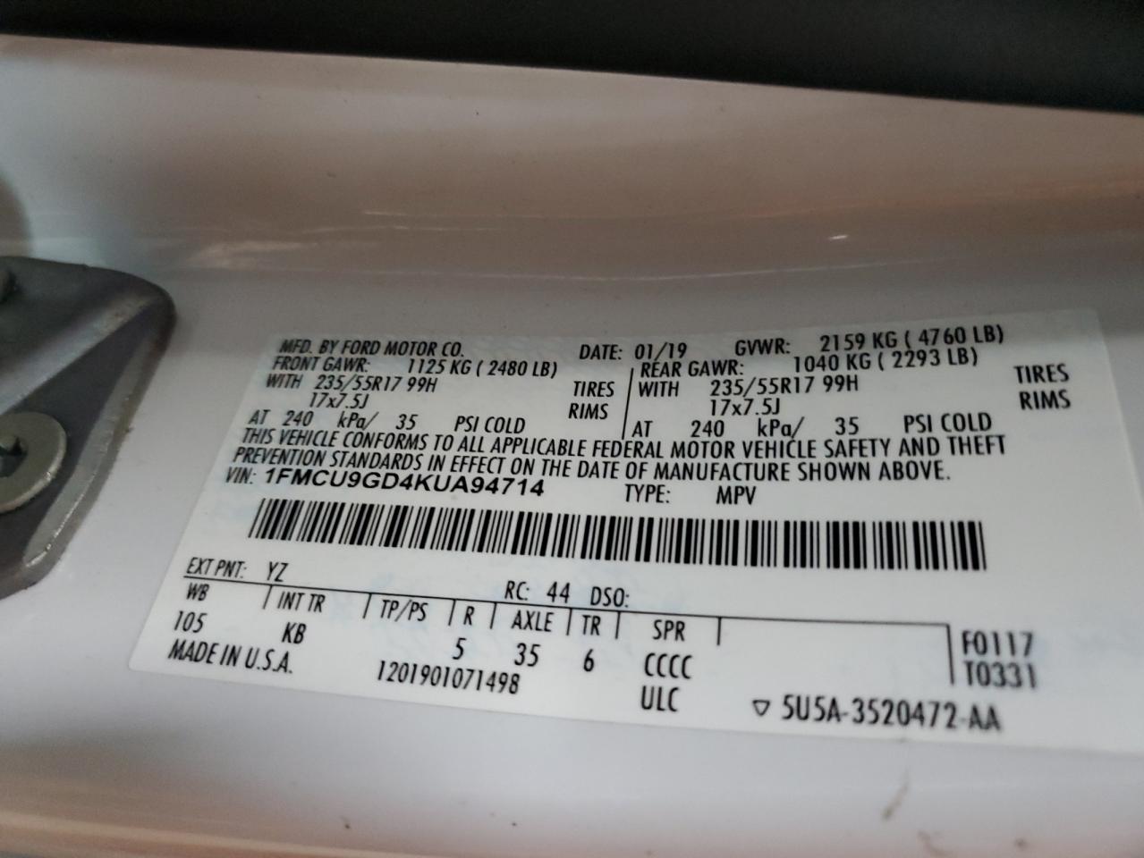 Lot #3301986494 2019 FORD ESCAPE SE