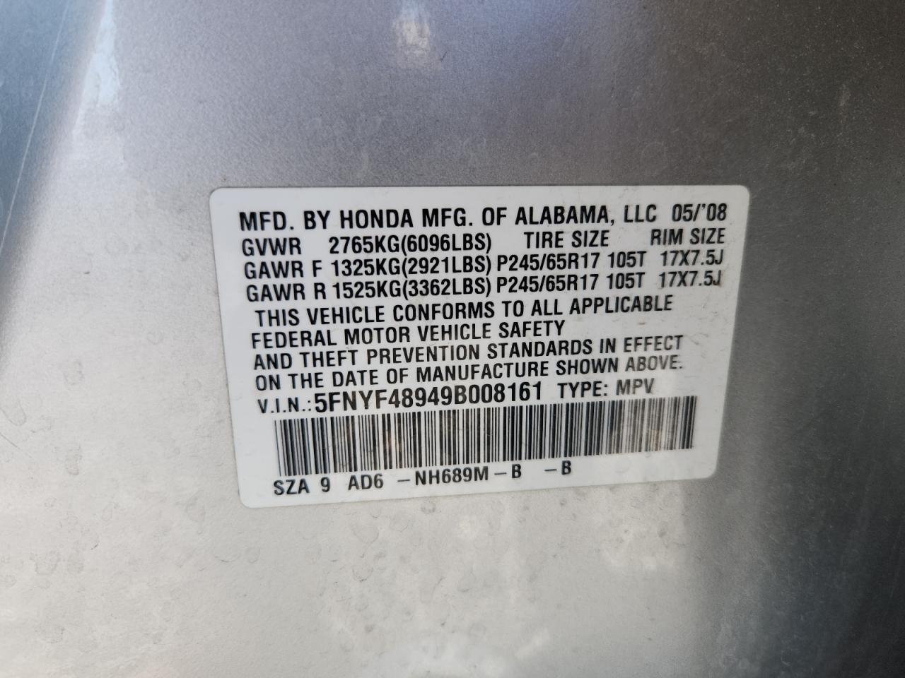 Lot #3293305421 2009 HONDA PILOT TOUR