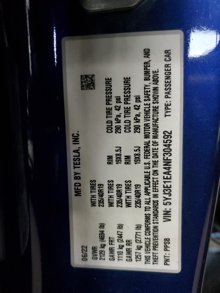 Lot #3303662946 2022 TESLA MODEL 3