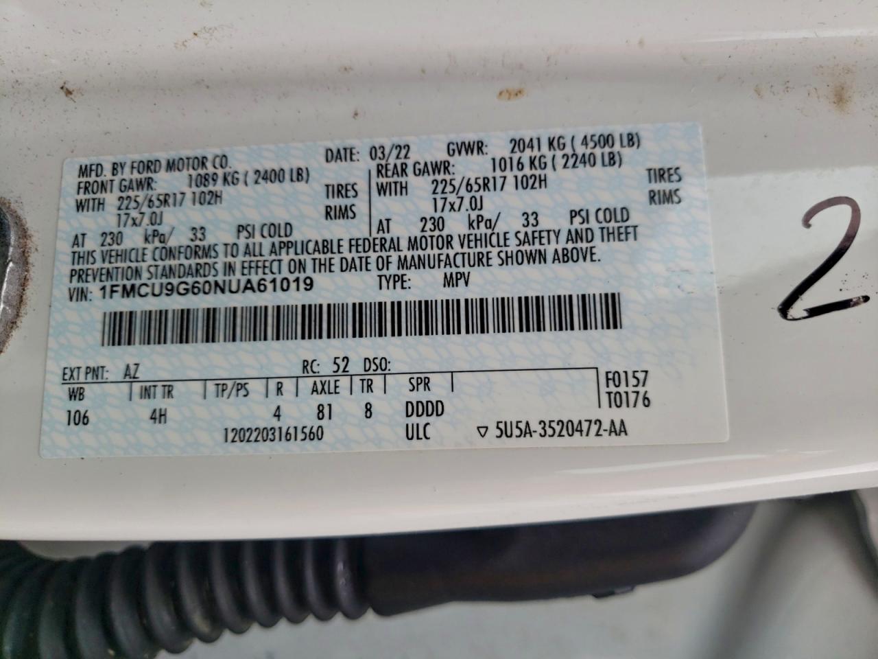 Lot #3309240615 2022 FORD ESCAPE SE