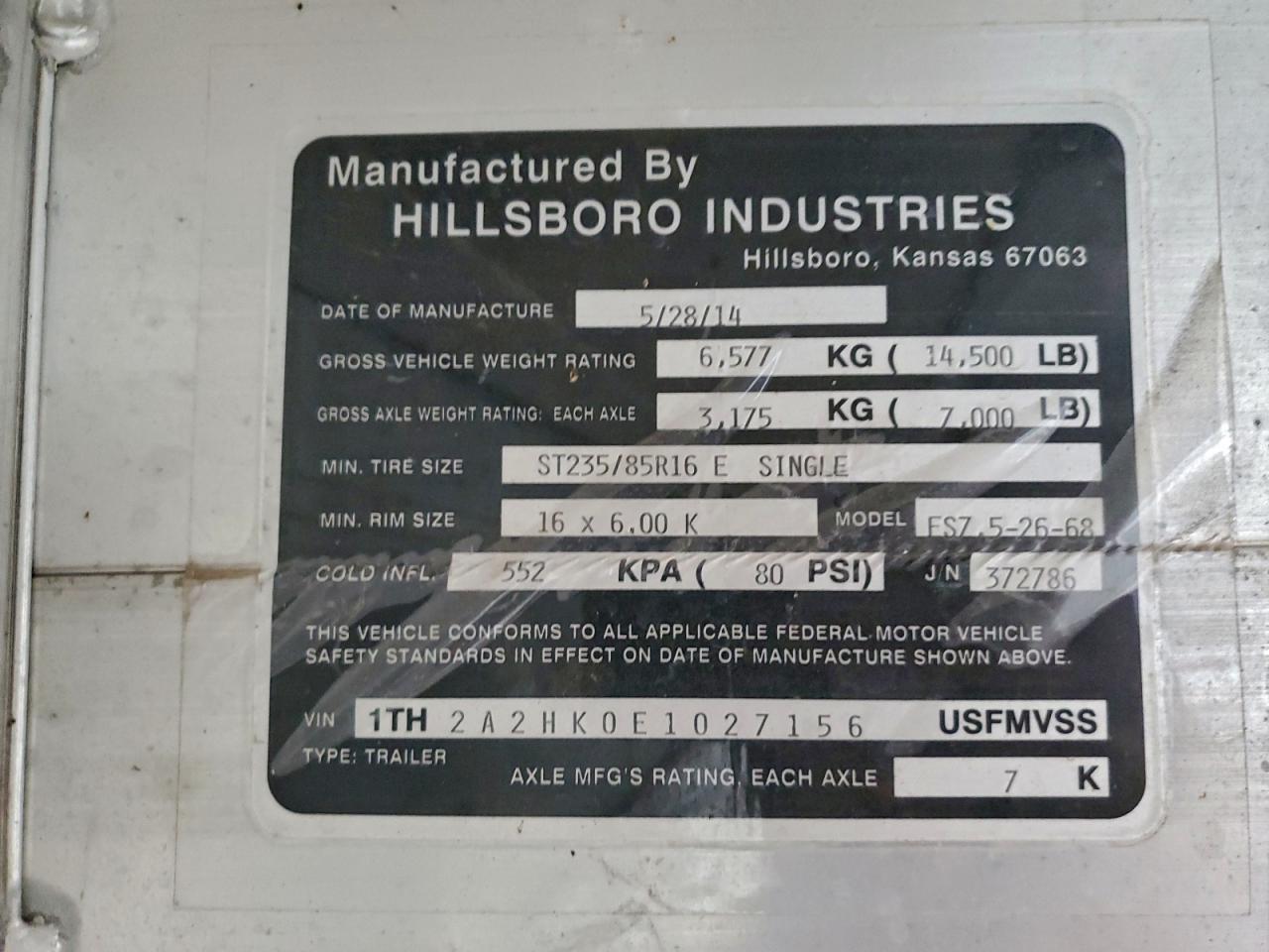 Lot #3302085146 2014 HILLSBORO TRAILER