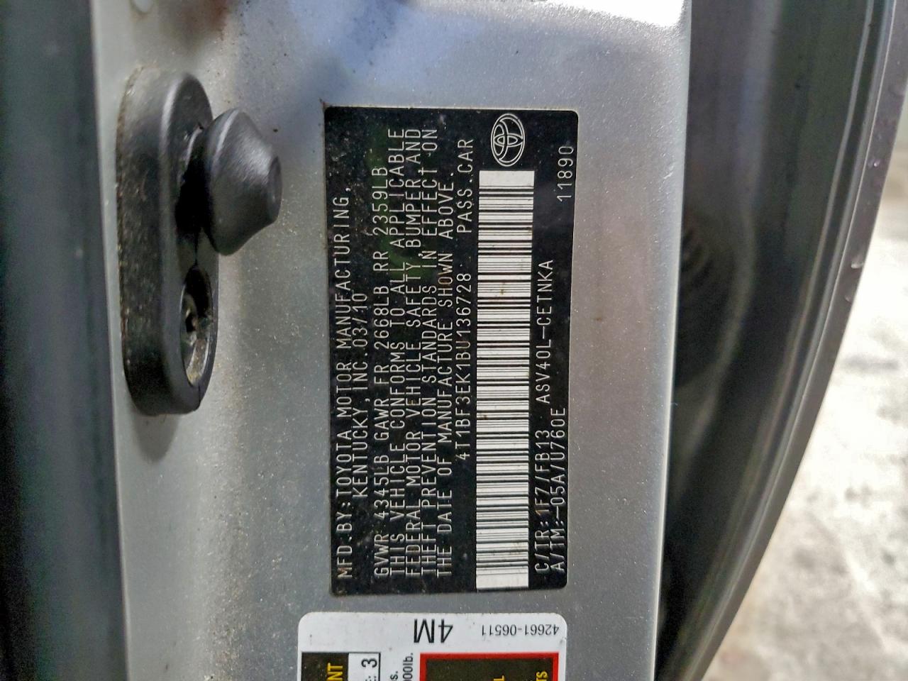 Lot #3301809343 2011 TOYOTA CAMRY BASE