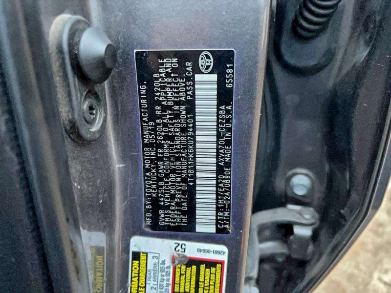 2019 TOYOTA CAMRY L #3296881836