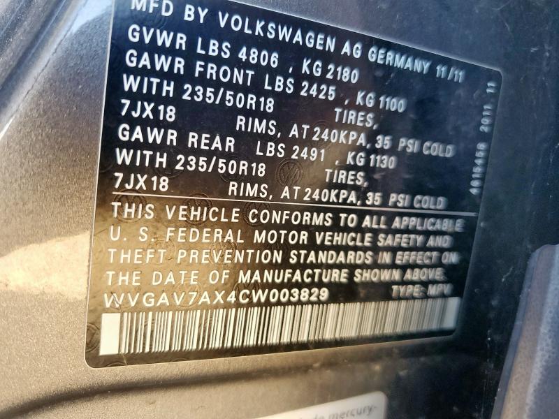 2012 VOLKSWAGEN TIGUAN S #3290238203