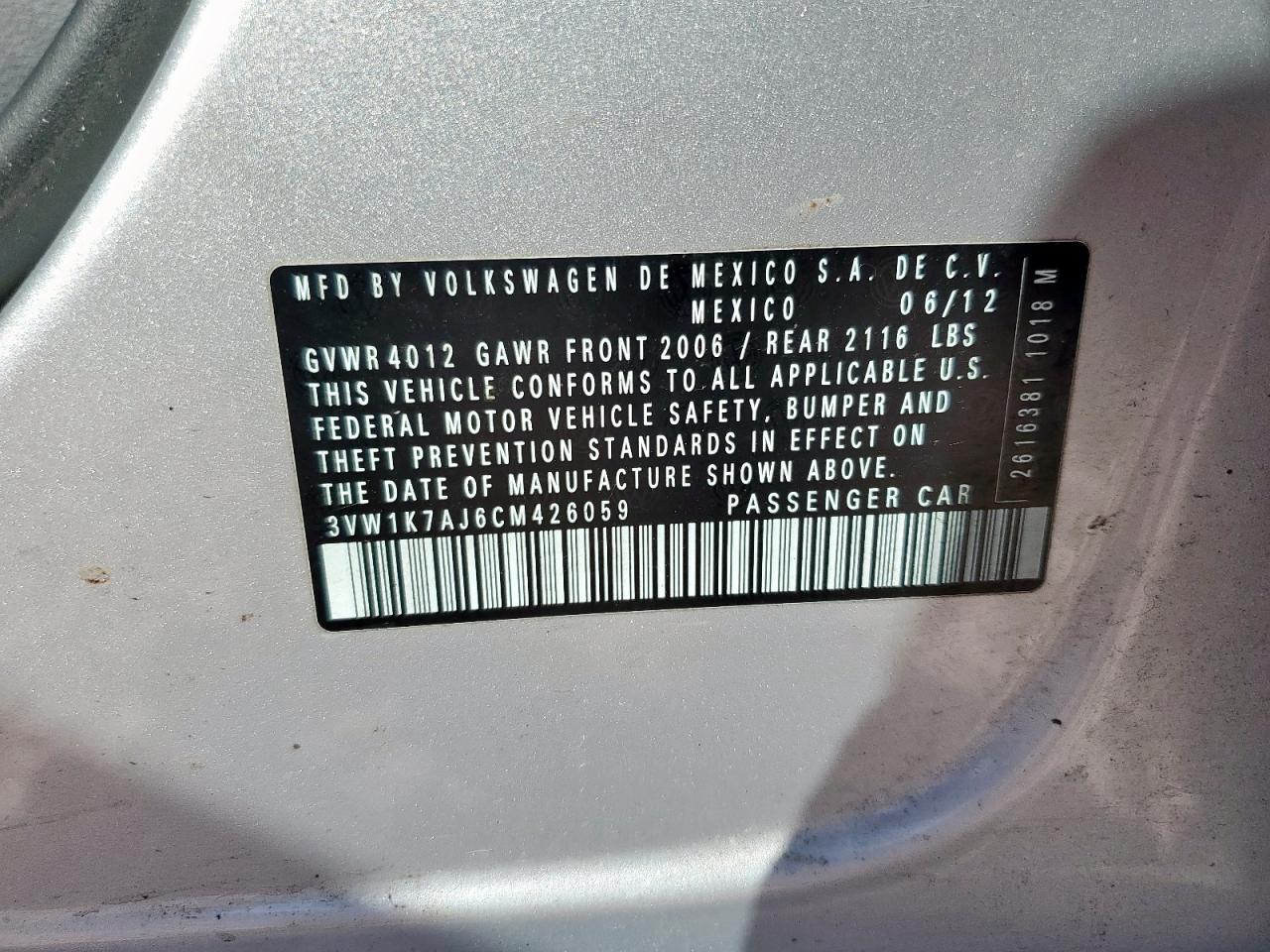 Lot #3311758771 2012 VOLKSWAGEN JETTA BASE