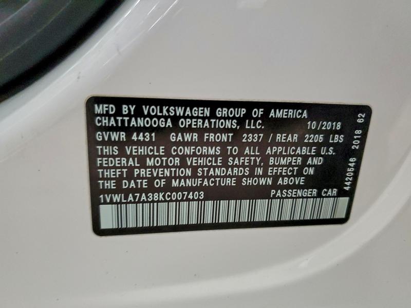 2019 VOLKSWAGEN PASSAT WOL #3296355145