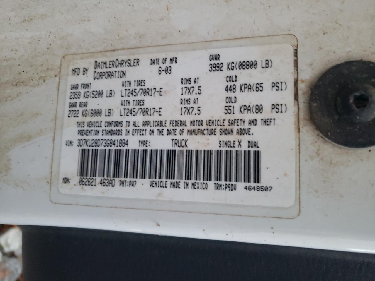 Lot #3290287263 2003 DODGE RAM 2500 S