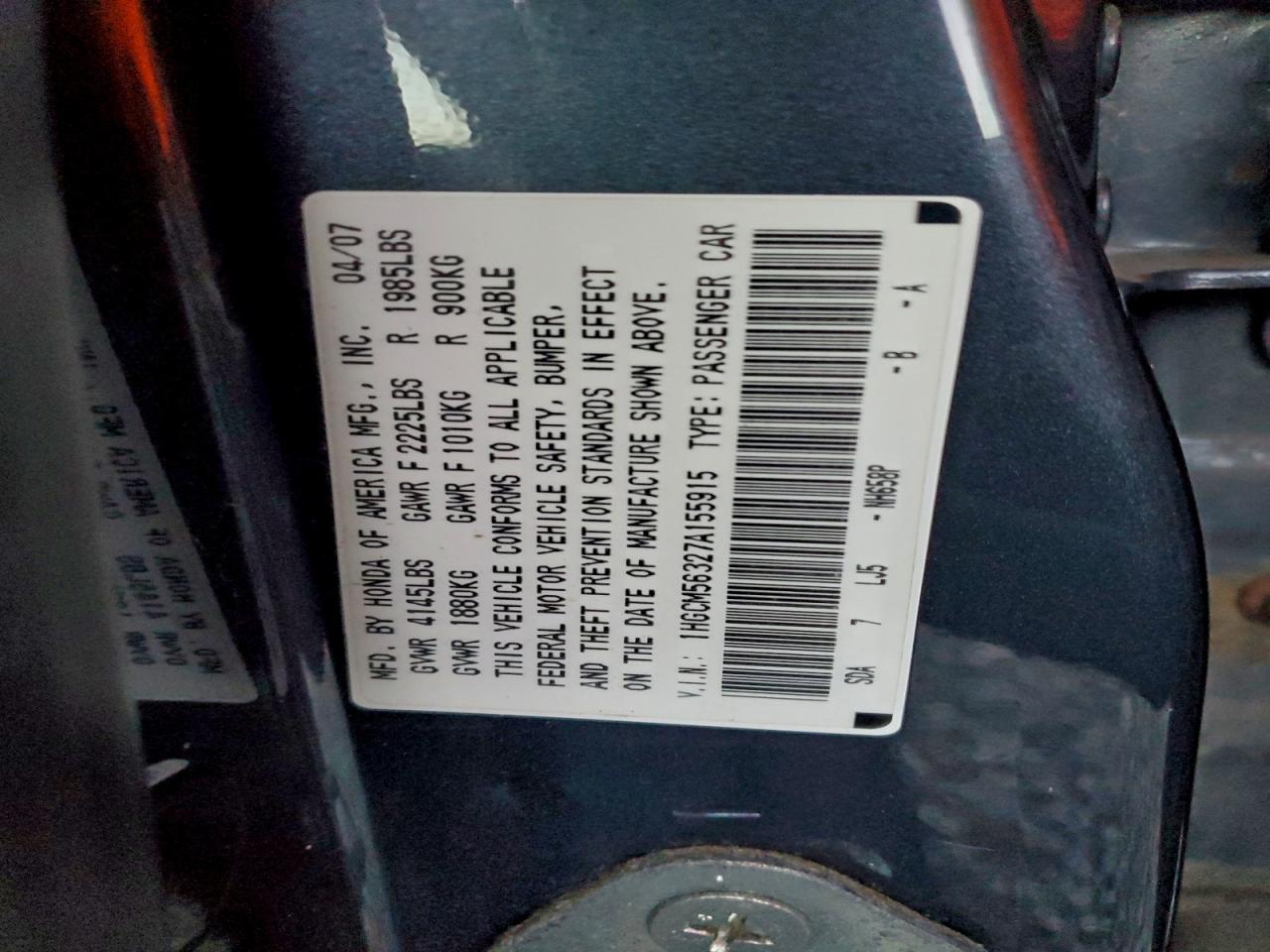 Lot #3317725099 2007 HONDA ACCORD SE