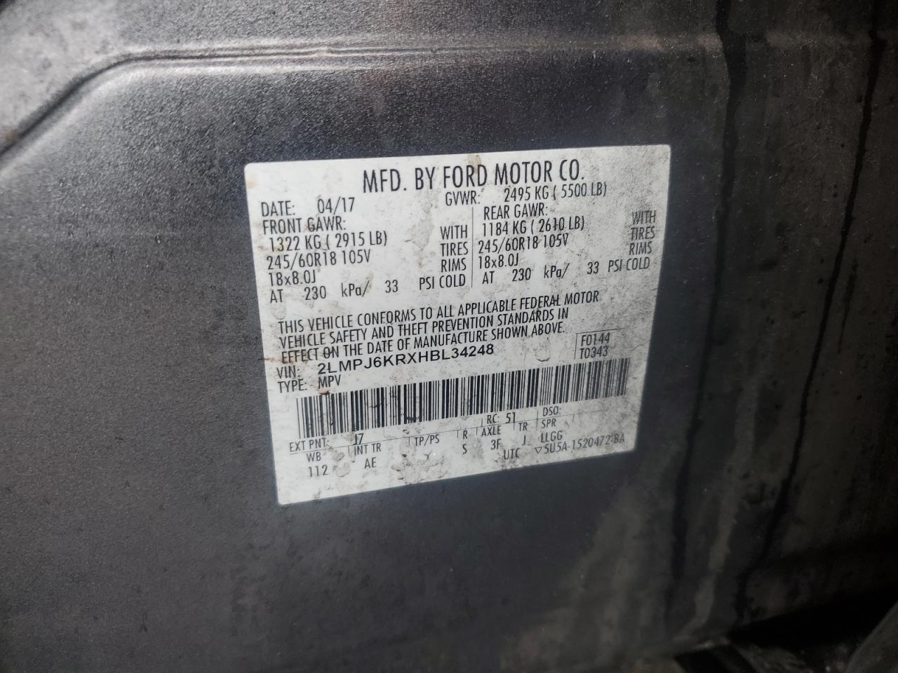 Lot #3310301055 2017 LINCOLN MKX SELECT