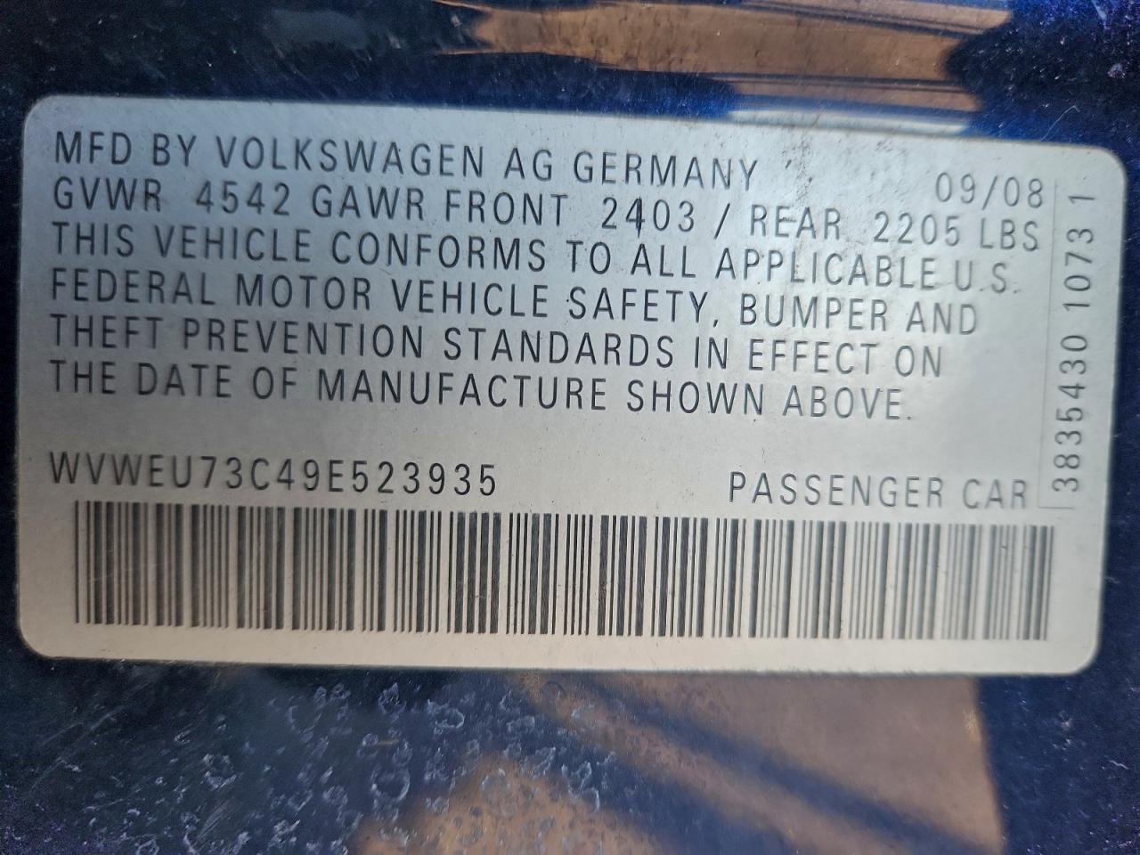 Lot #3298017141 2009 VOLKSWAGEN CC