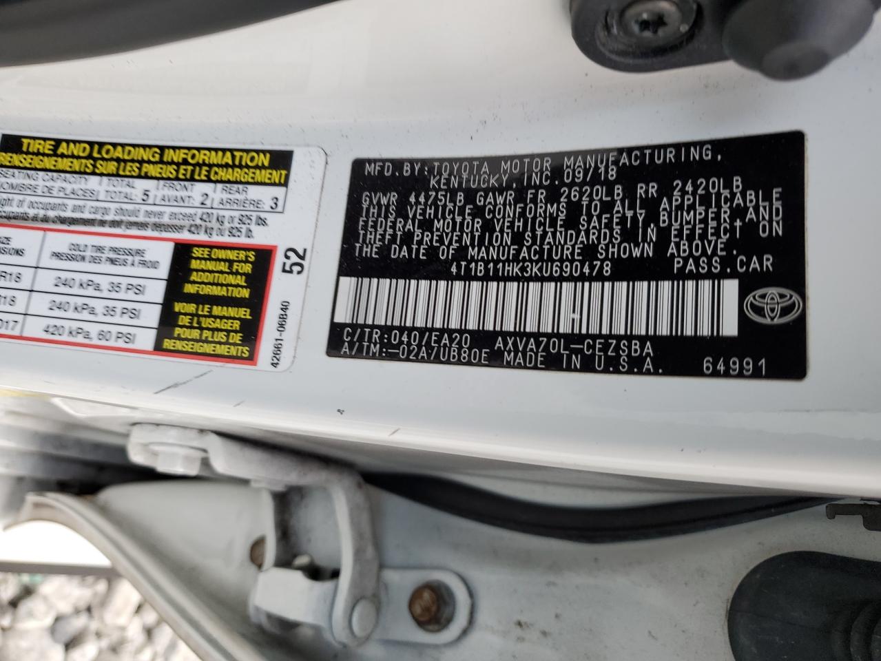 Lot #3302855895 2019 TOYOTA CAMRY L