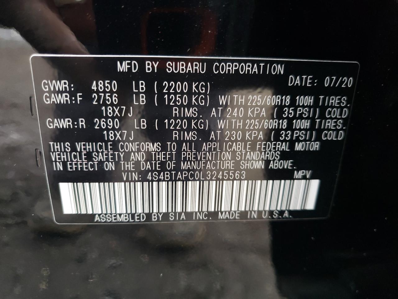 Lot #3304515475 2020 SUBARU OUTBACK TO