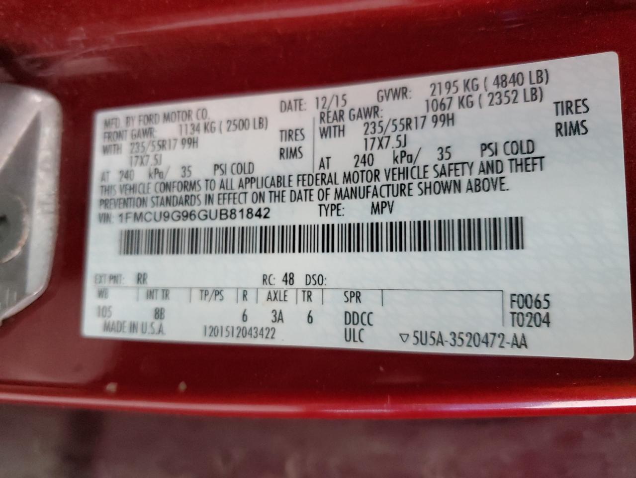 Lot #3297873820 2016 FORD ESCAPE SE