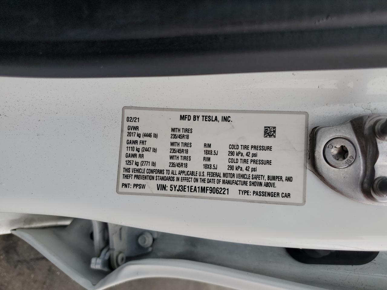 Lot #3302893911 2021 TESLA MODEL 3