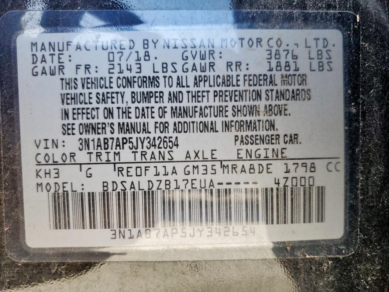 Lot #3311681228 2018 NISSAN SENTRA S