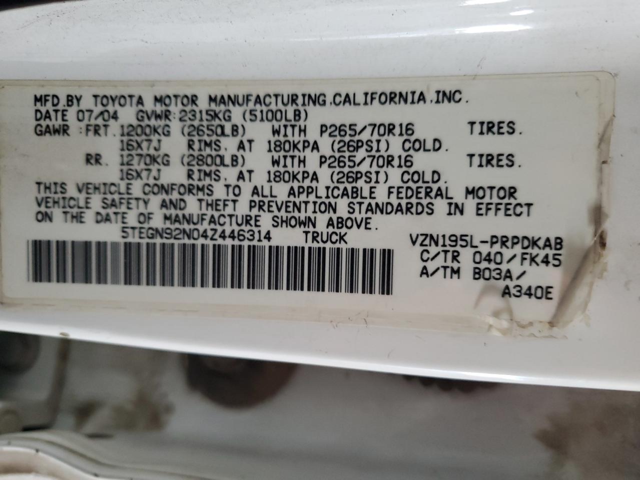 Lot #3298046128 2004 TOYOTA TACOMA DOU