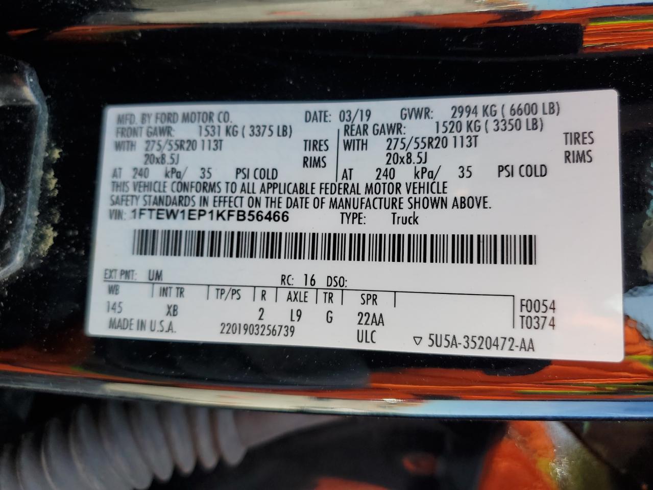 Lot #3303574948 2019 FORD F150 SUPER