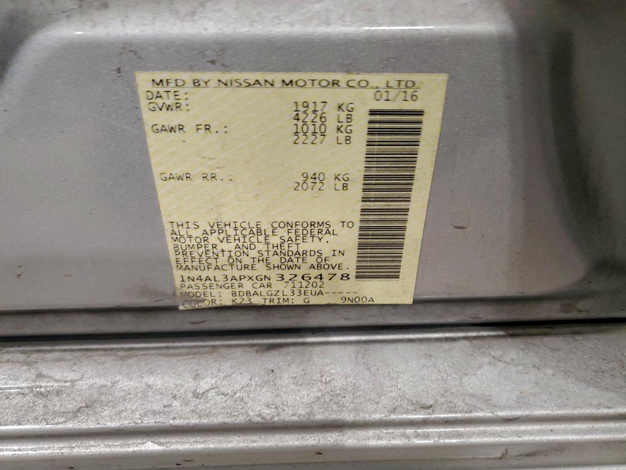 Lot #3315685715 2016 NISSAN ALTIMA 2.5