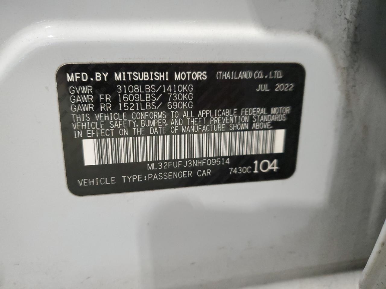 Lot #3302908127 2022 MITSUBISHI MIRAGE G4