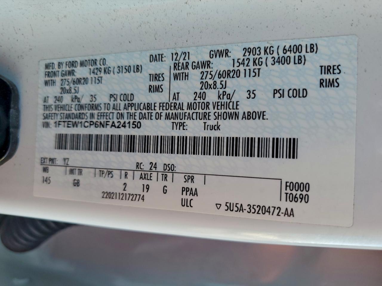 Lot #3303386159 2022 FORD F150 SUPER