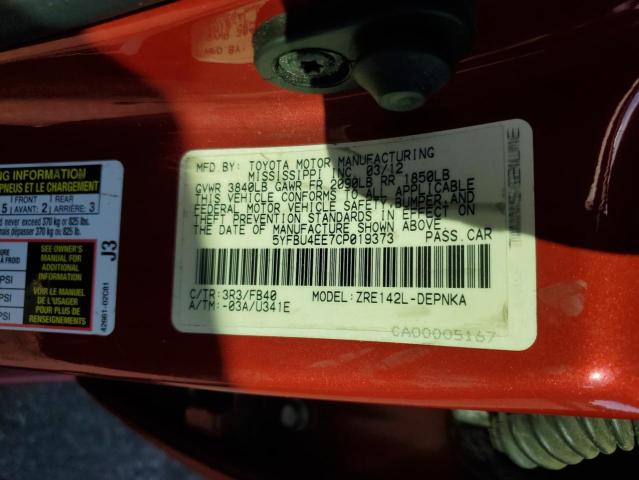 2012 TOYOTA COROLLA BA #3282524887