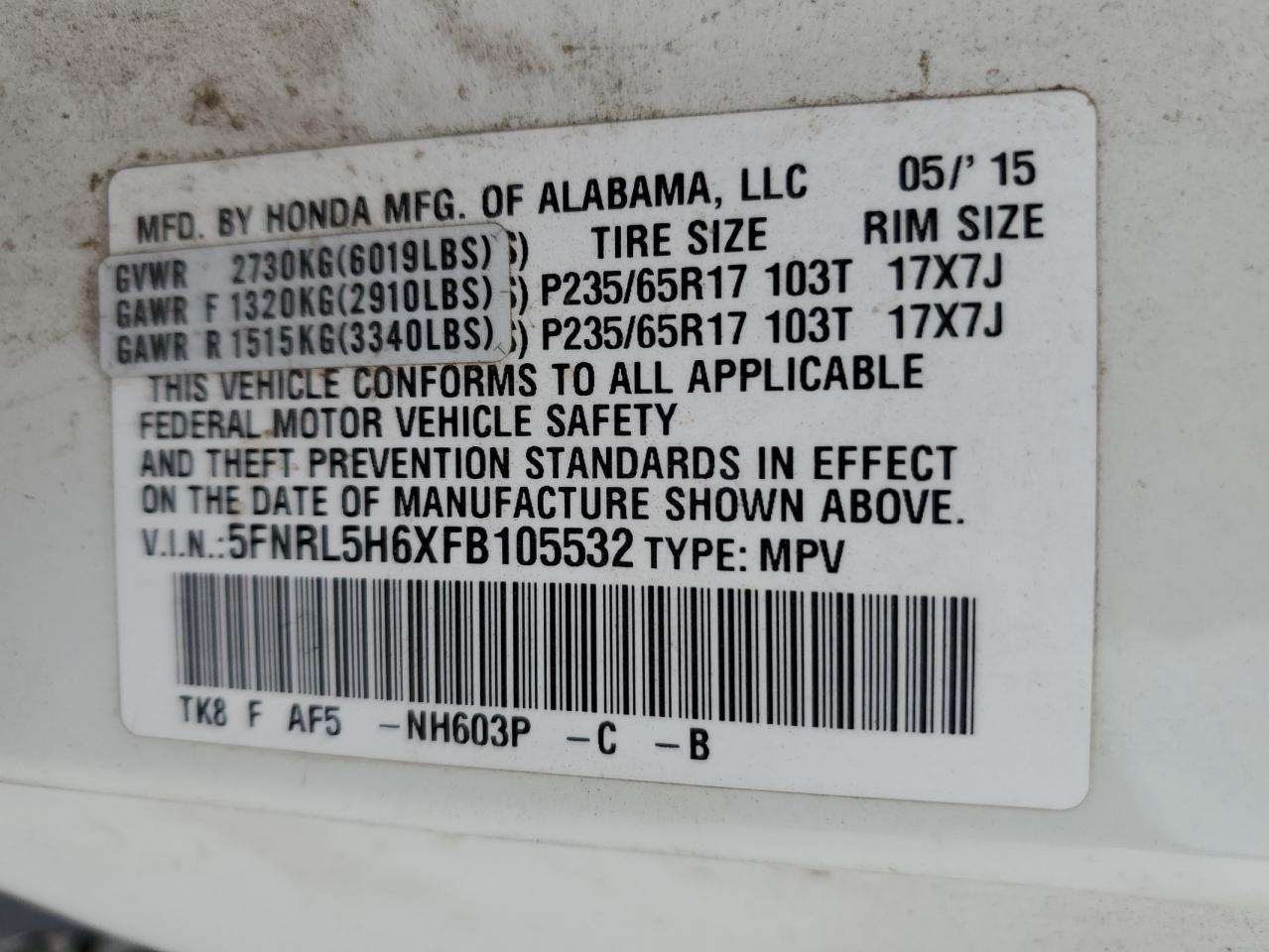 Lot #3285926579 2015 HONDA ODYSSEY EX