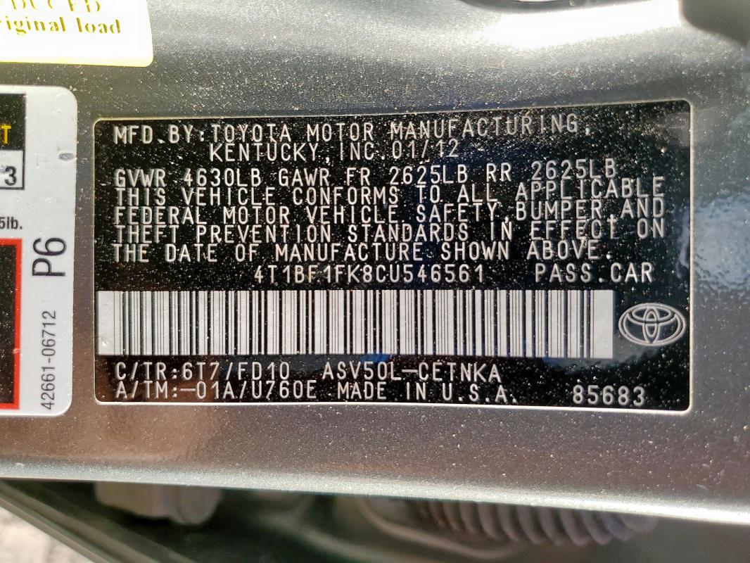 2012 TOYOTA CAMRY BASE #3304004648