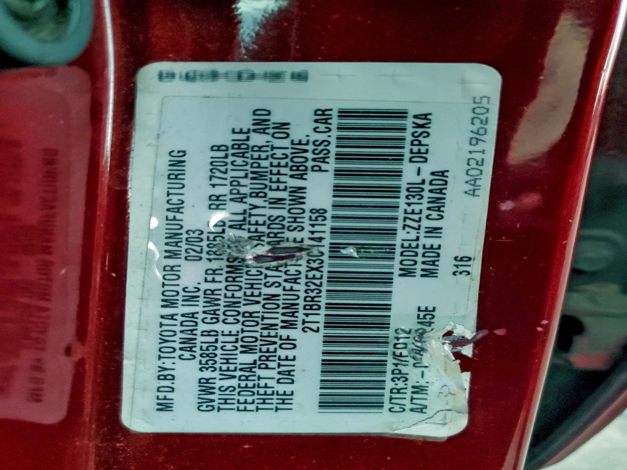 Lot #3302735034 2003 TOYOTA COROLLA CE