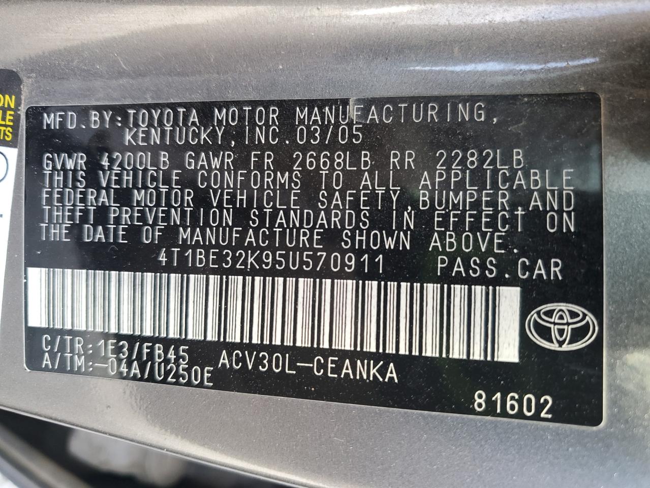 Lot #3286946801 2005 TOYOTA CAMRY LE