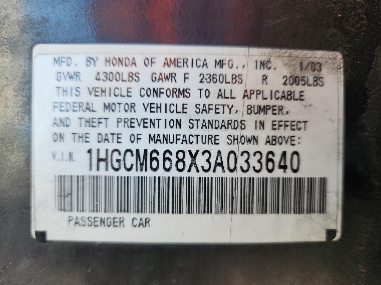 Lot #3303052613 2003 HONDA ACCORD EX