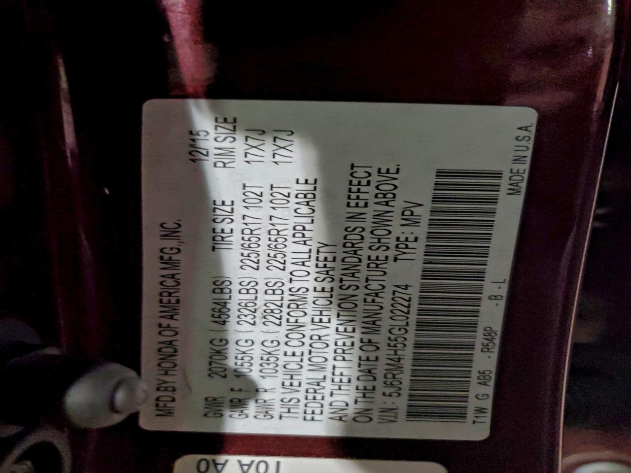 Lot #3296328483 2016 HONDA CR-V EX