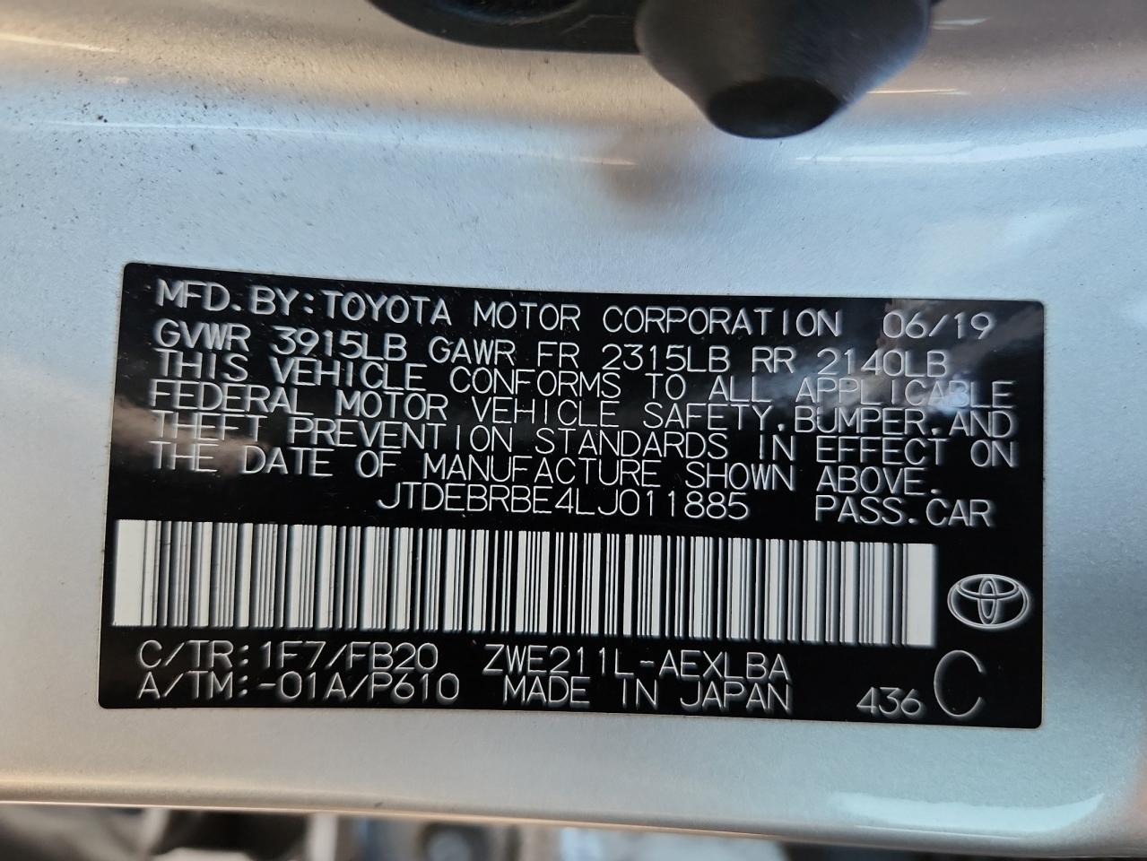 Lot #3319479669 2020 TOYOTA COROLLA LE