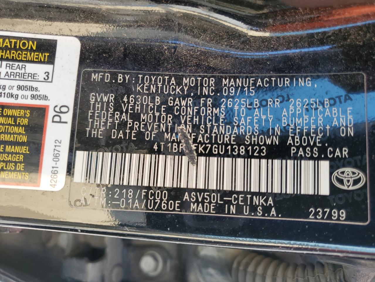 Lot #3302916060 2016 TOYOTA CAMRY