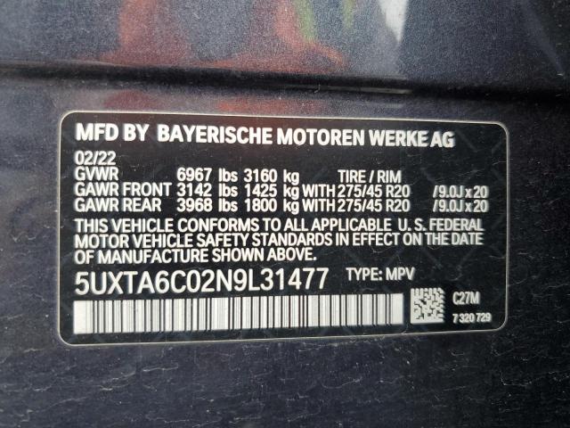 2022 BMW X5 XDRIVE4 - 5UXTA6C02N9L31477