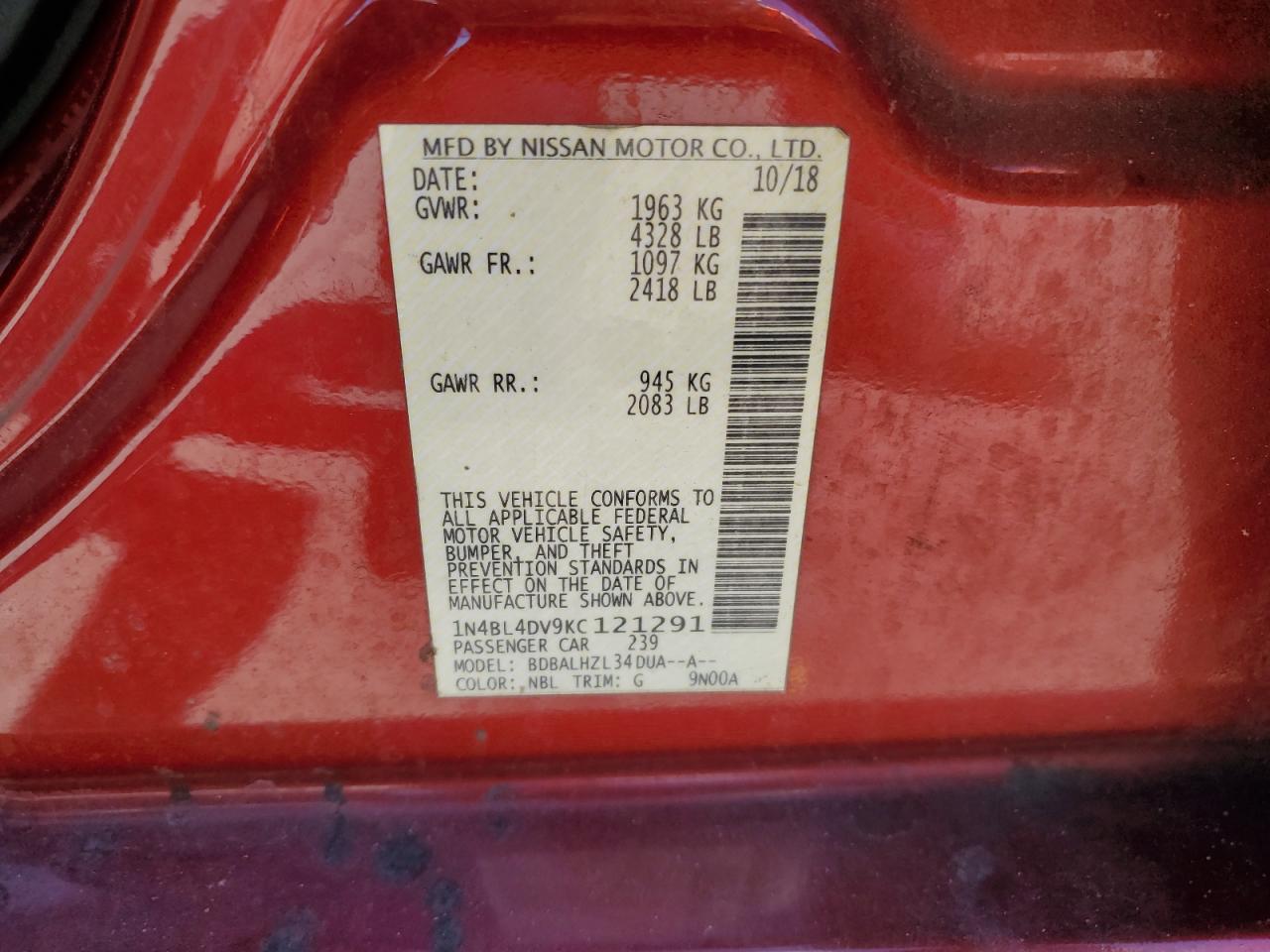 Lot #3287723165 2019 NISSAN ALTIMA SV