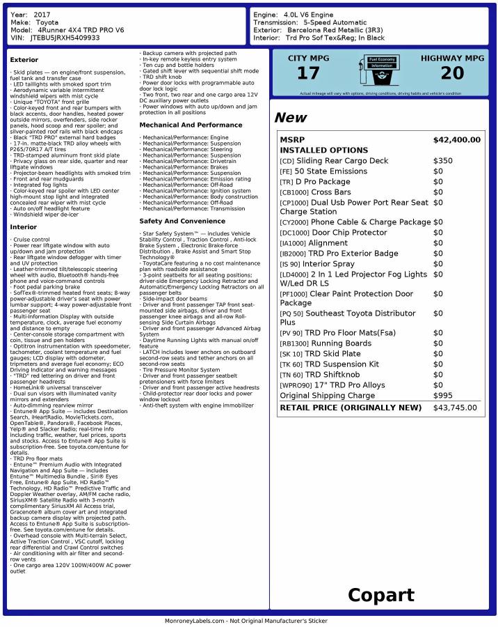 2017 TOYOTA 4RUNNER SR #3296913830