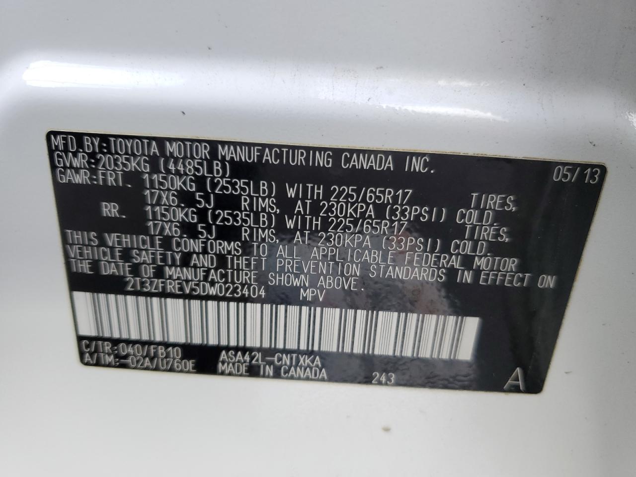 Lot #3317087993 2013 TOYOTA RAV4 LE