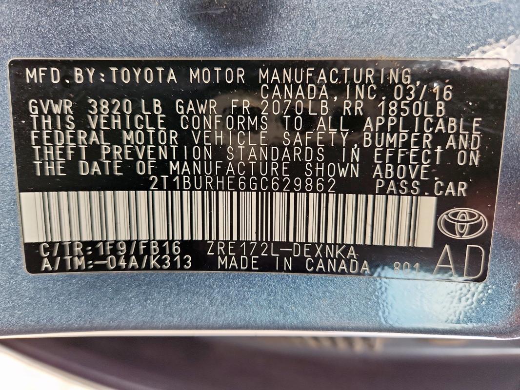 2016 TOYOTA COROLLA L #3303911695