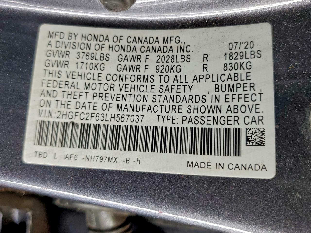 Lot #3304608453 2020 HONDA CIVIC LX