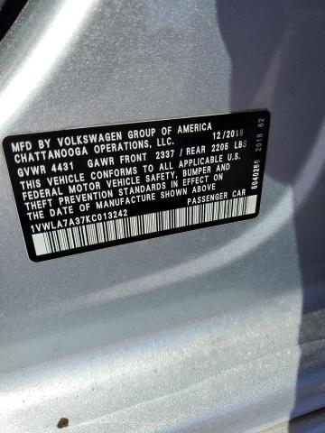 2019 VOLKSWAGEN PASSAT WOL - 1VWLA7A37KC013242