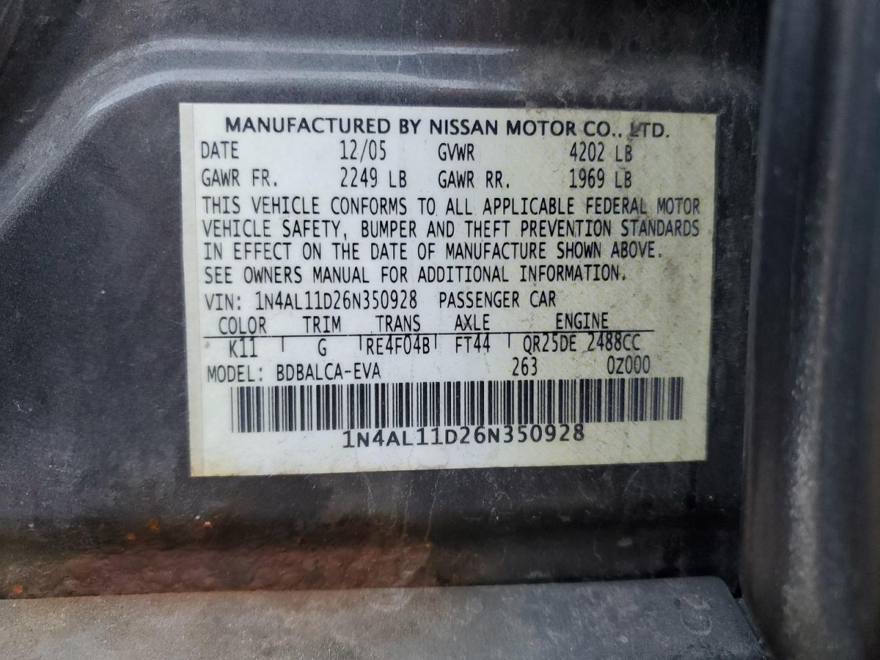 Lot #3291378186 2006 NISSAN ALTIMA S