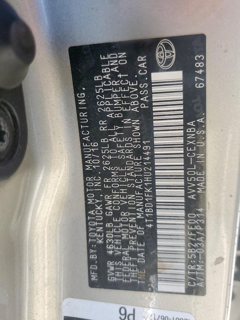 2017 TOYOTA CAMRY HYBR - 4T1BD1FK1HU214491