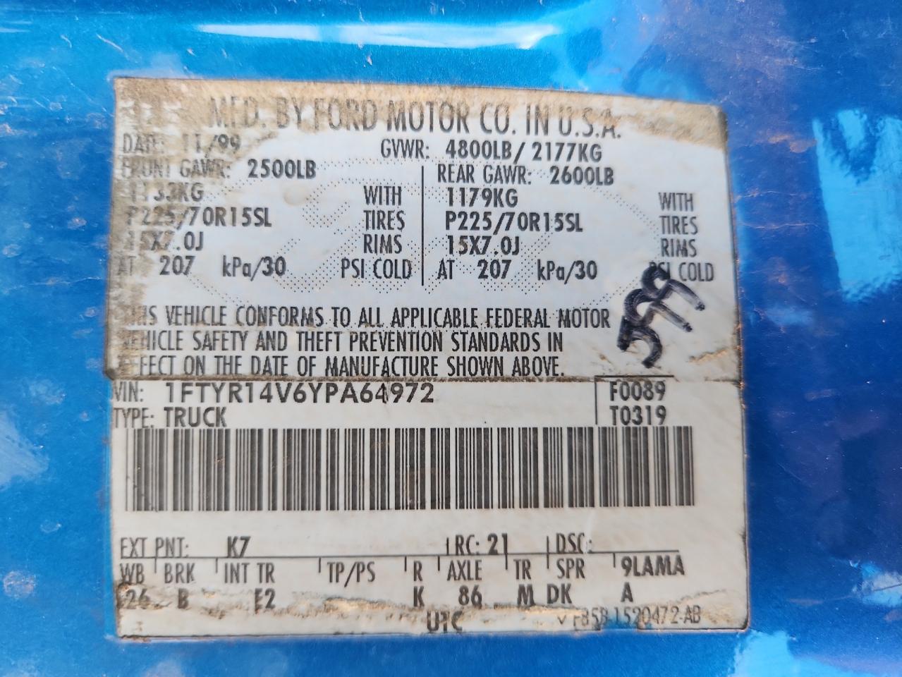 Lot #3290239204 2000 FORD RANGER SUP