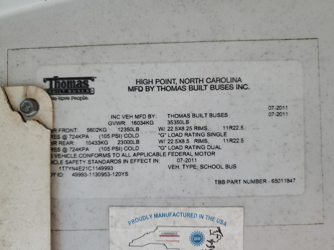 Lot #3292426568 2012 THOMAS SAF-T-LINER HDX