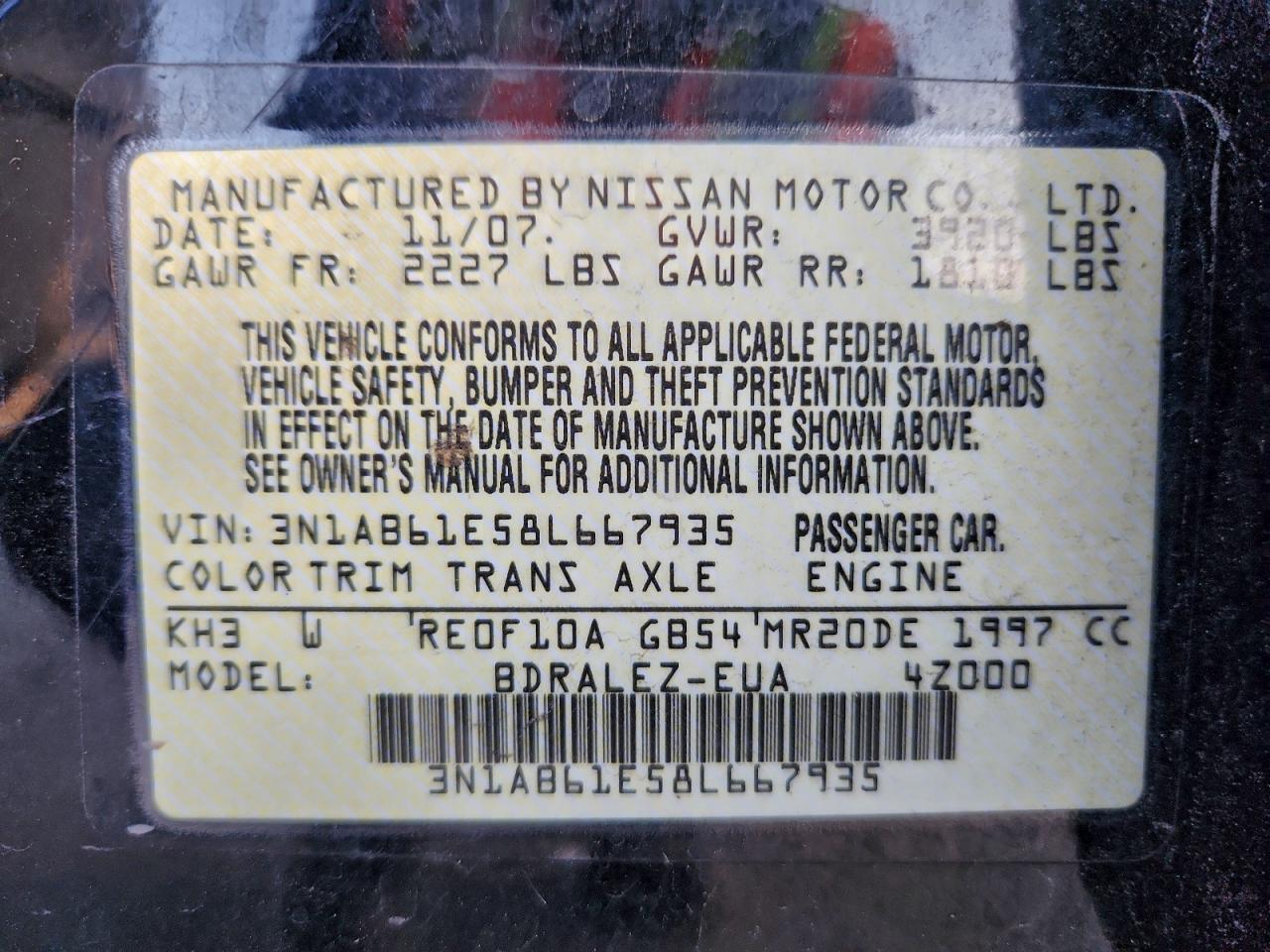 Lot #3308818028 2008 NISSAN SENTRA 2.0