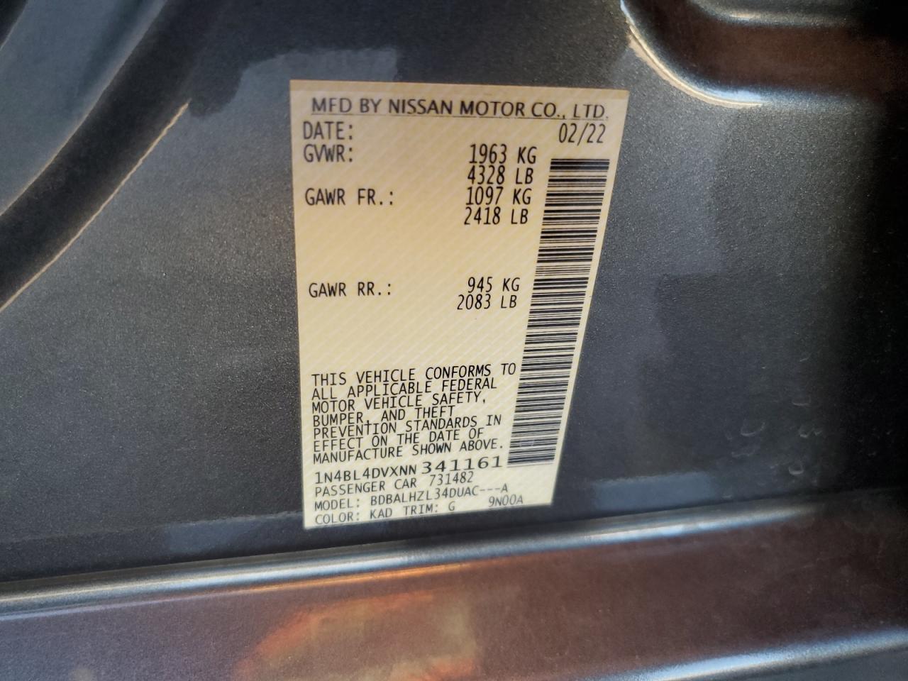 Lot #3310703739 2022 NISSAN ALTIMA SV