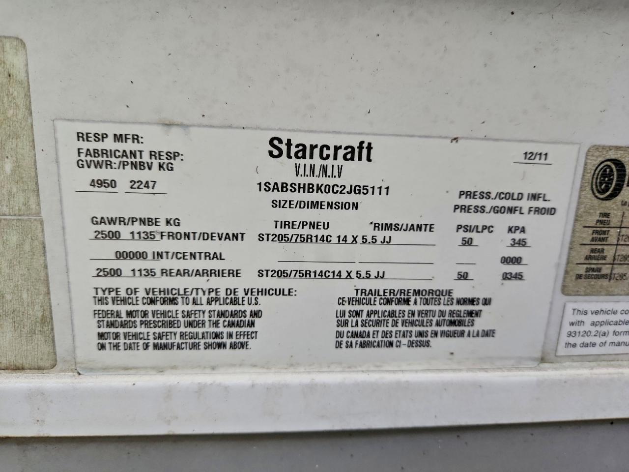 Lot #3297948810 2012 STARCRAFT TRAVEL TRA