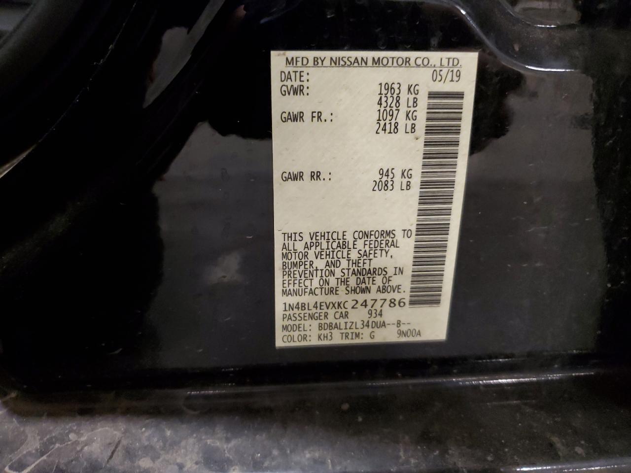 Lot #3319055284 2019 NISSAN ALTIMA SL